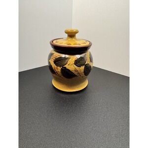 Eldreth Redware Jar w/ Lid 2003 Mustard Yellow With Green Leaves